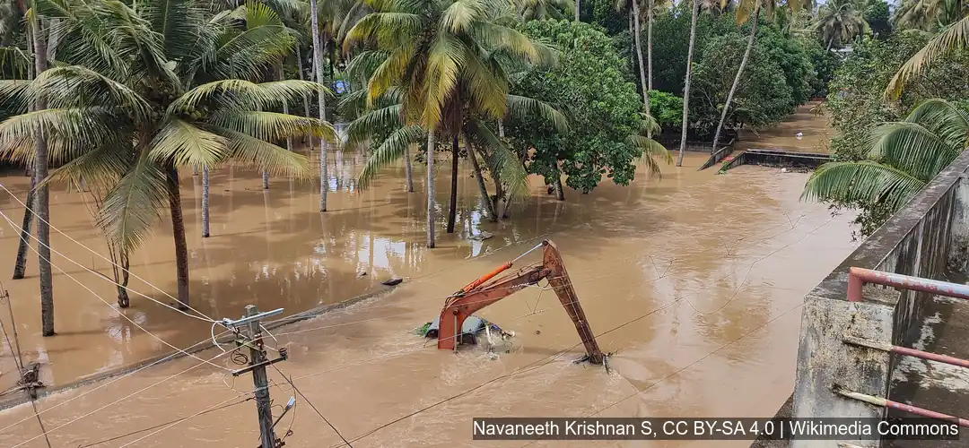 Excavadora semisumergida en inundación con palmeras, calamidad climática 2026
